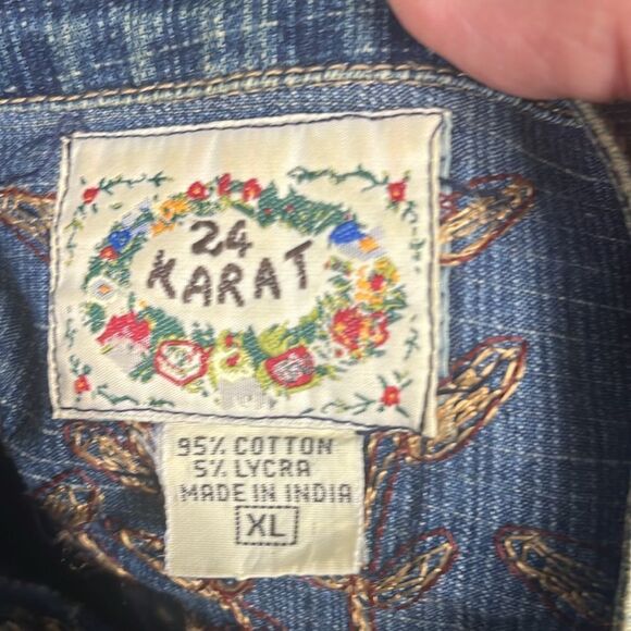 24 Karat Vintage Y2K Boho Embroidered & beaded Denim Jacket Distressed XL - Picture 8 of 10